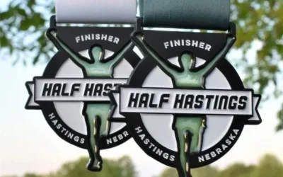 Custom Stained Glass Look Half Marathon Medals with Feed-through Ribbon.