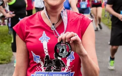 Screen print, branded women's race shirt  and custom medals, for the Field of Heroes 5k Run/Walk.