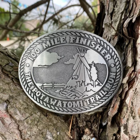 Silver Tone, No Color Belt Buckle Medal for the Potawatomi 100 Mile Trail Run