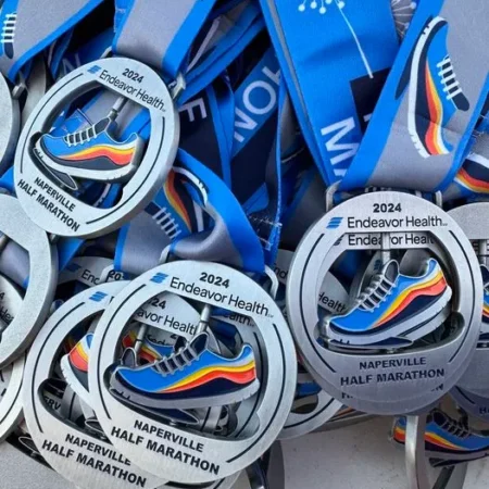 Naperville Half Marathon Race Medals Featuring a Spinning Shoe