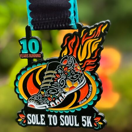 Colorful Black Dye Race Medal for the 10th Annual Sole to Sole 5k